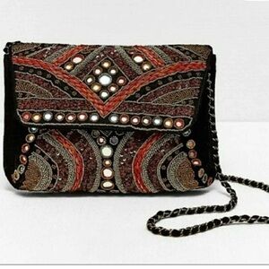 Zara Black Velvet Crossbody Bag with Multicolor Embroidery